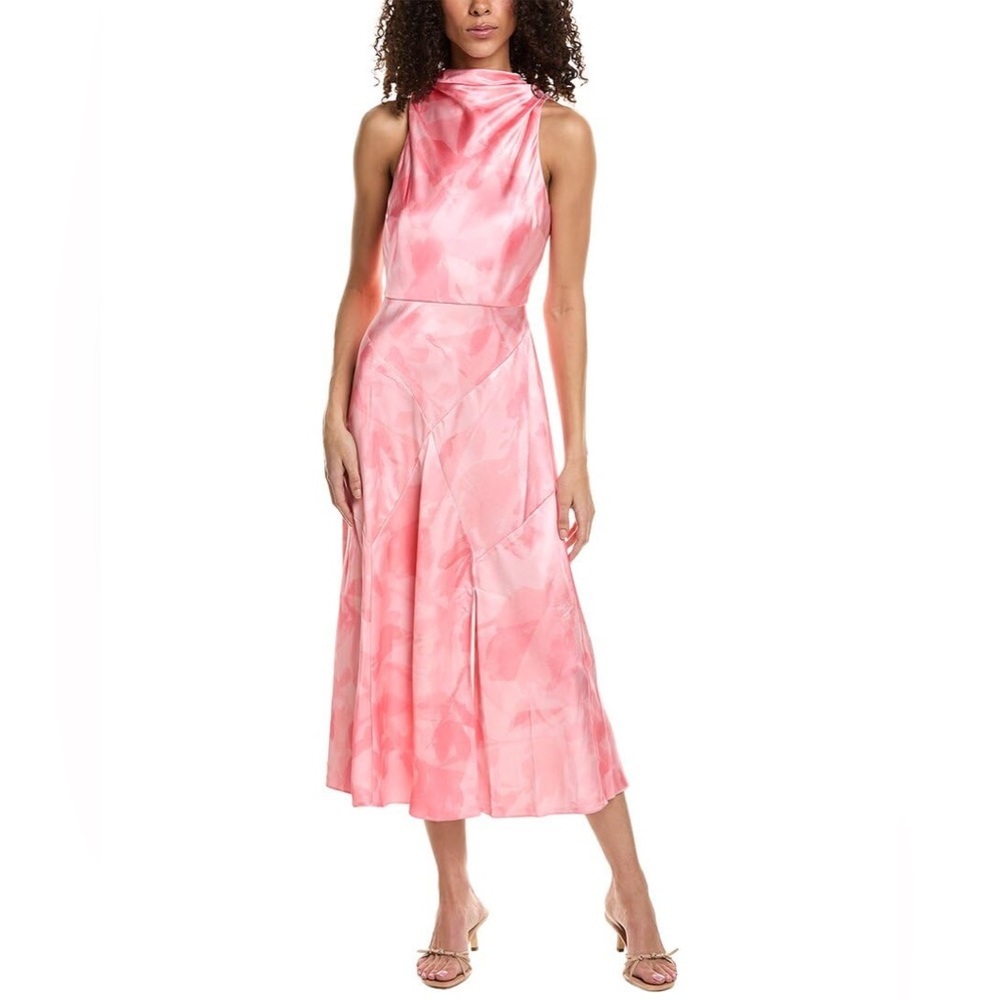 Ted Baker foreste cowl neck bias cut satin slit midi dress coral pink 2-4.